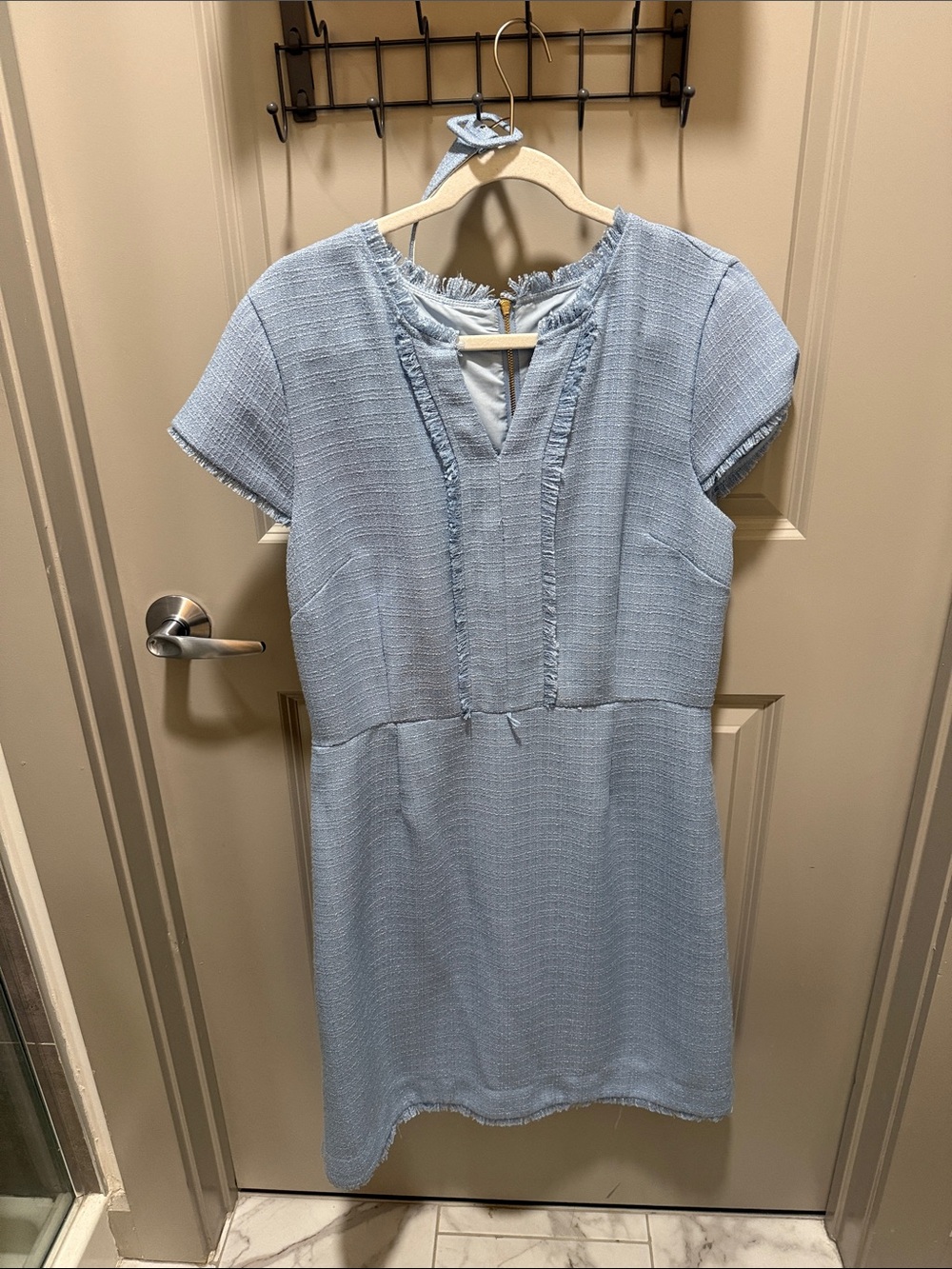 Tahari Light Blue Mini Dress with Frayed Trim